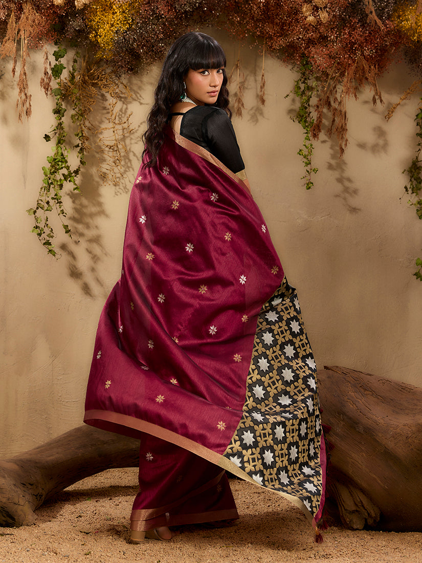 Monjolika Fashion Tussar Silk Blend woven Work Saree in Maroon - Distacart