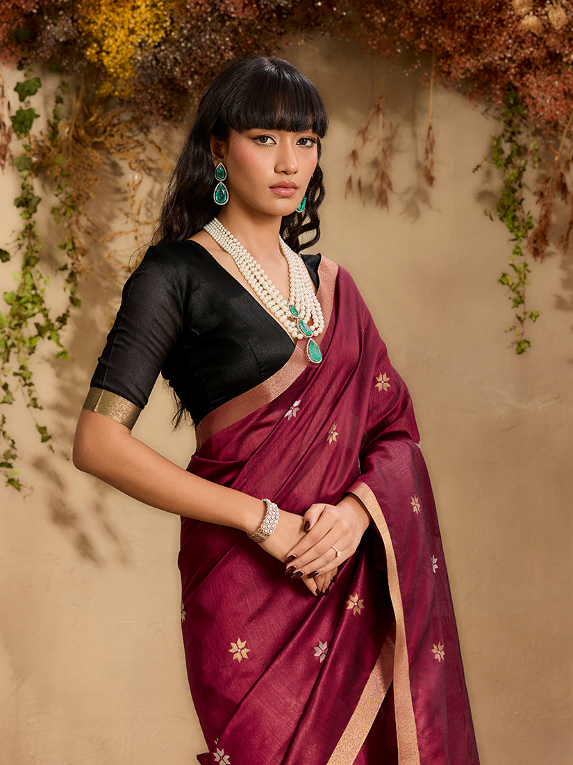 Monjolika Fashion Tussar Silk Blend woven Work Saree in Maroon - Distacart
