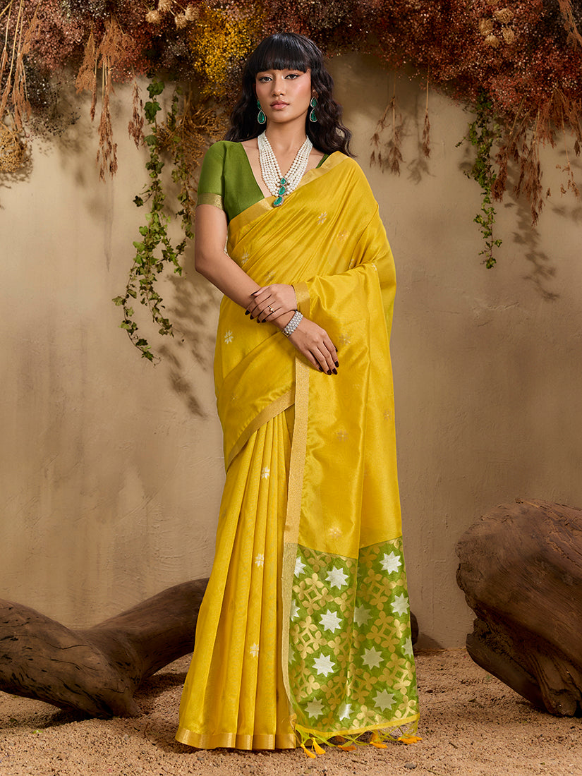 Monjolika Fashion Tussar Silk Blend woven Work Saree in Mustard - Distacart