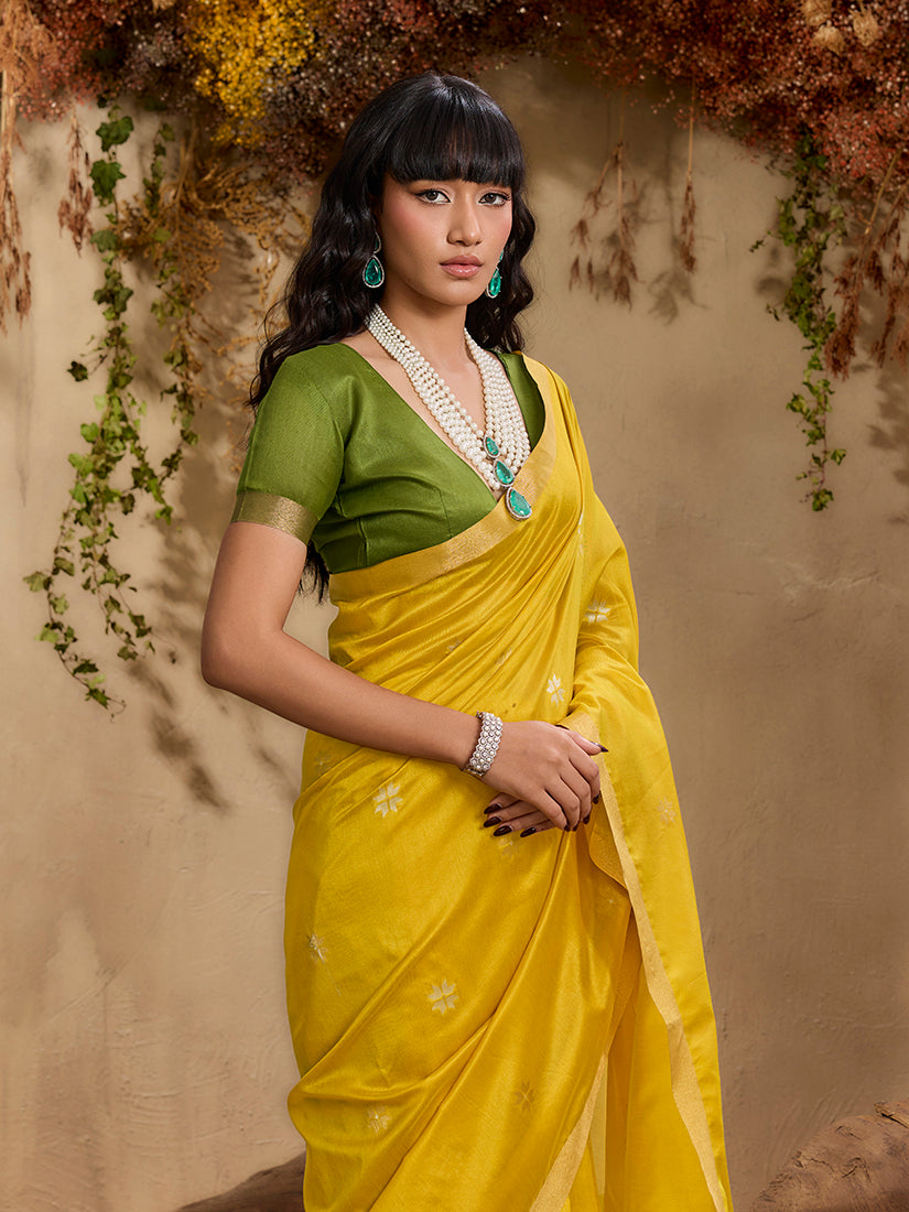 Monjolika Fashion Tussar Silk Blend woven Work Saree in Mustard - Distacart