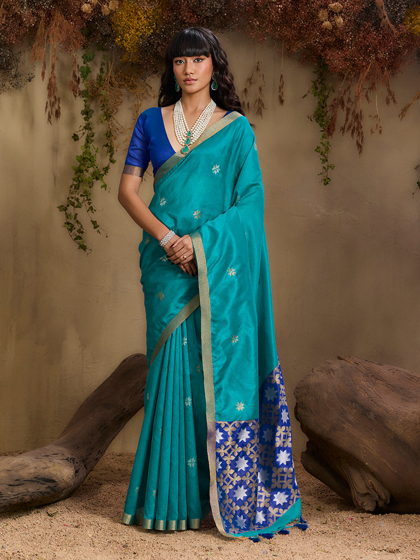 Monjolika Fashion Tussar Silk Blend woven Work Saree in Aqua Blue - Distacart
