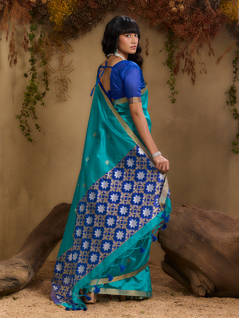 Monjolika Fashion Tussar Silk Blend woven Work Saree in Aqua Blue - Distacart