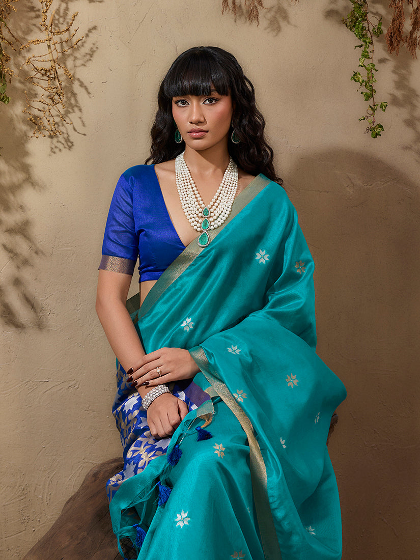 Monjolika Fashion Tussar Silk Blend woven Work Saree in Aqua Blue - Distacart