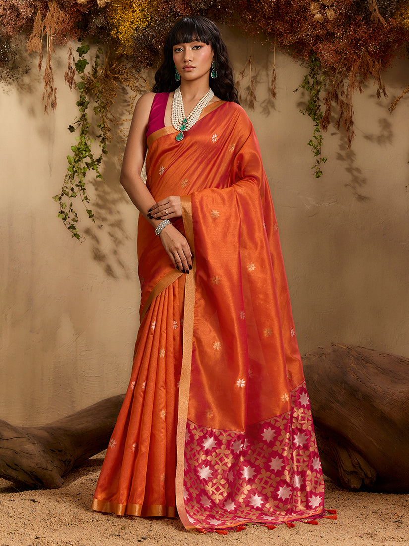 Monjolika Fashion Tussar Silk Blend woven Work Saree in Orange