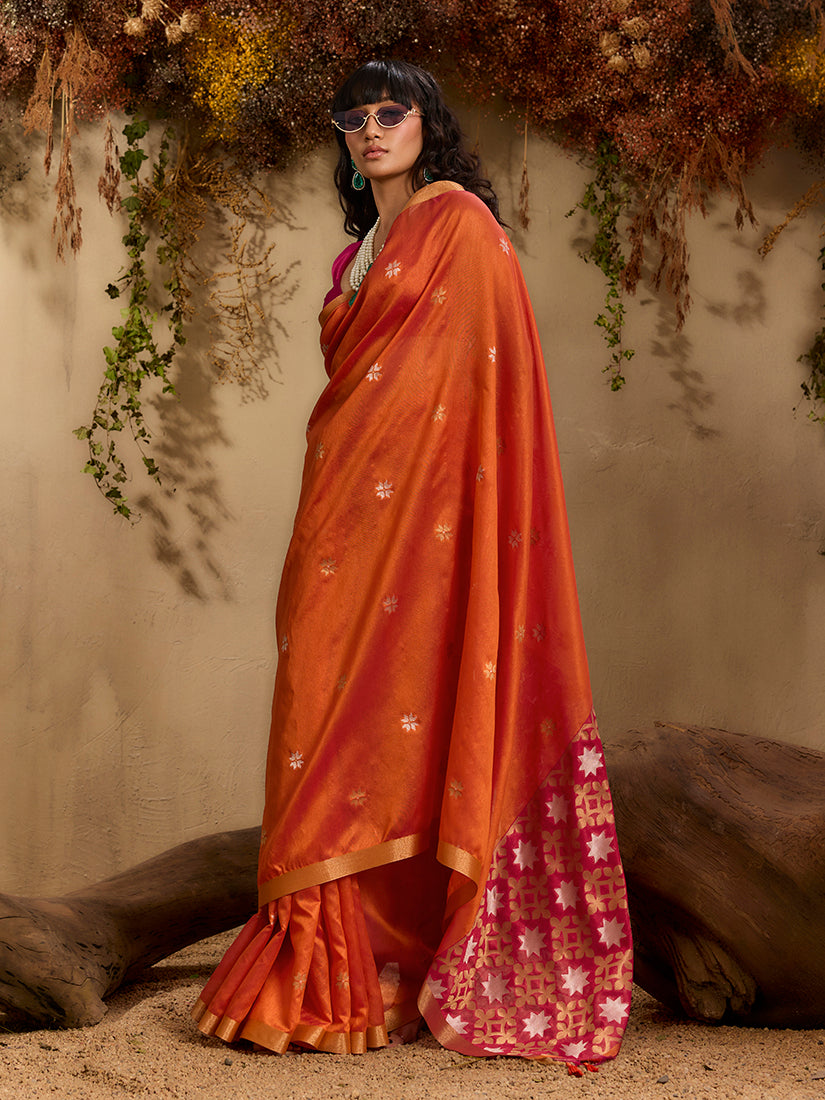 Monjolika Fashion Tussar Silk Blend woven Work Saree in Orange