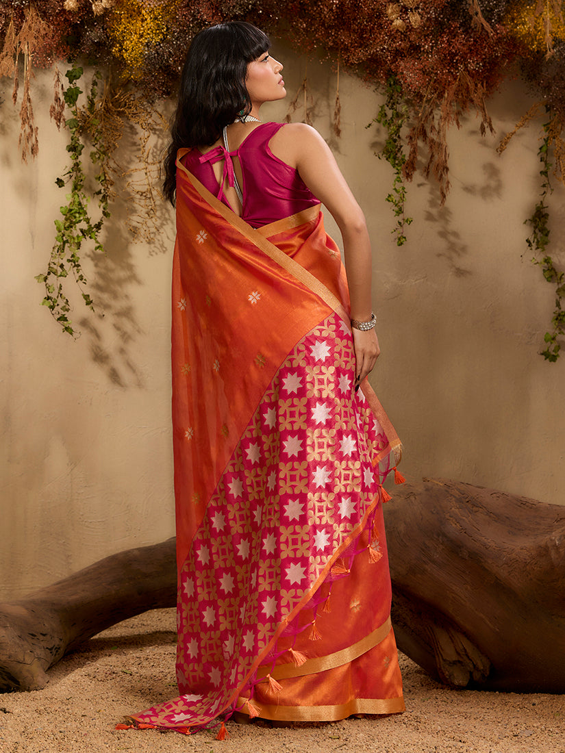 Monjolika Fashion Tussar Silk Blend woven Work Saree in Orange