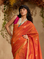 Monjolika Fashion Tussar Silk Blend woven Work Saree in Orange