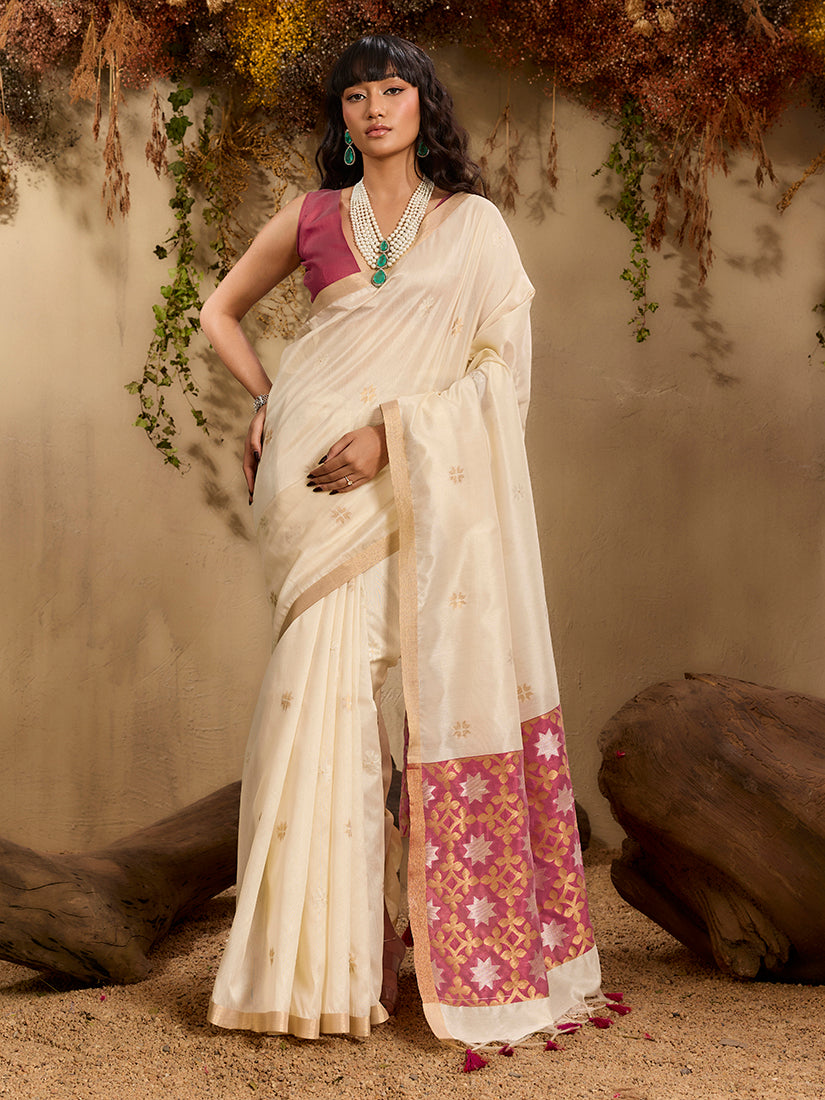 Monjolika Fashion Tussar Silk Blend woven Work Saree in Off White - Distacart