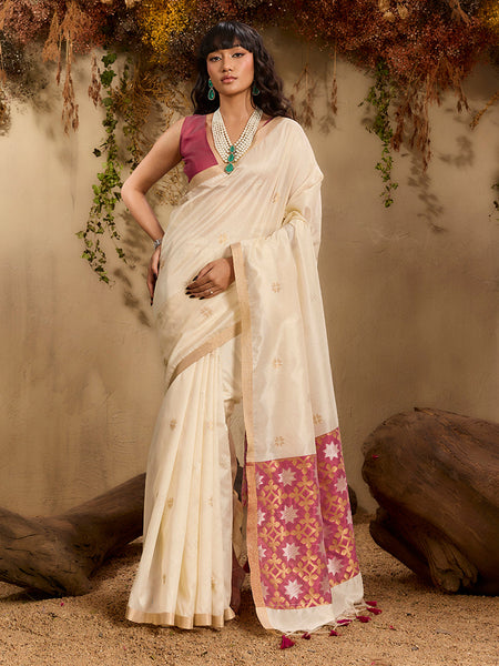 Monjolika Fashion Tussar Silk Blend woven Work Saree in Off White