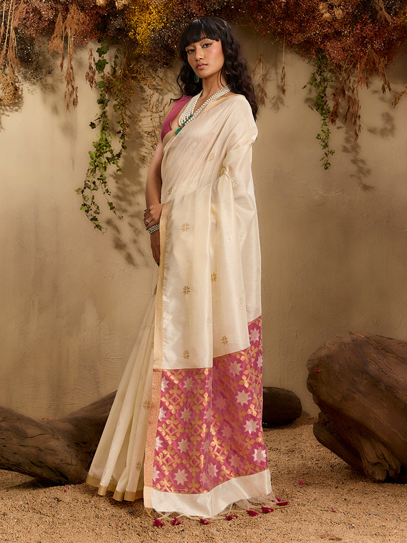 Monjolika Fashion Tussar Silk Blend woven Work Saree in Off White - Distacart