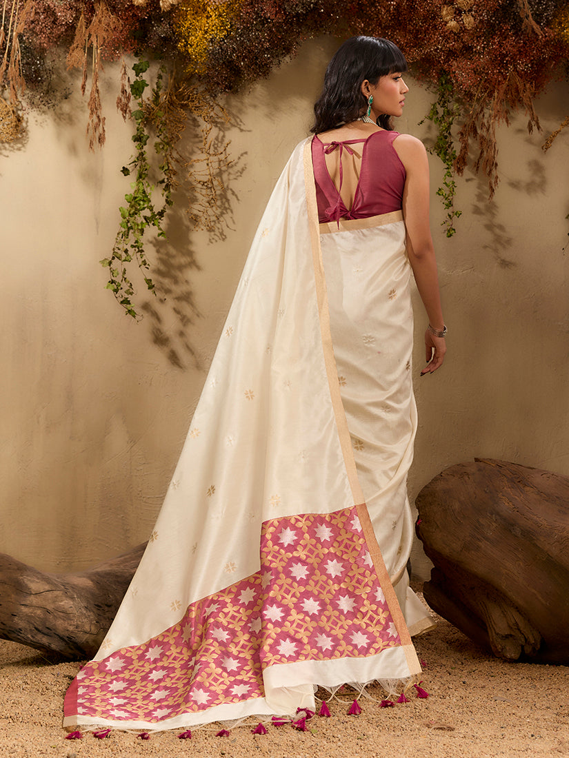 Monjolika Fashion Tussar Silk Blend woven Work Saree in Off White - Distacart