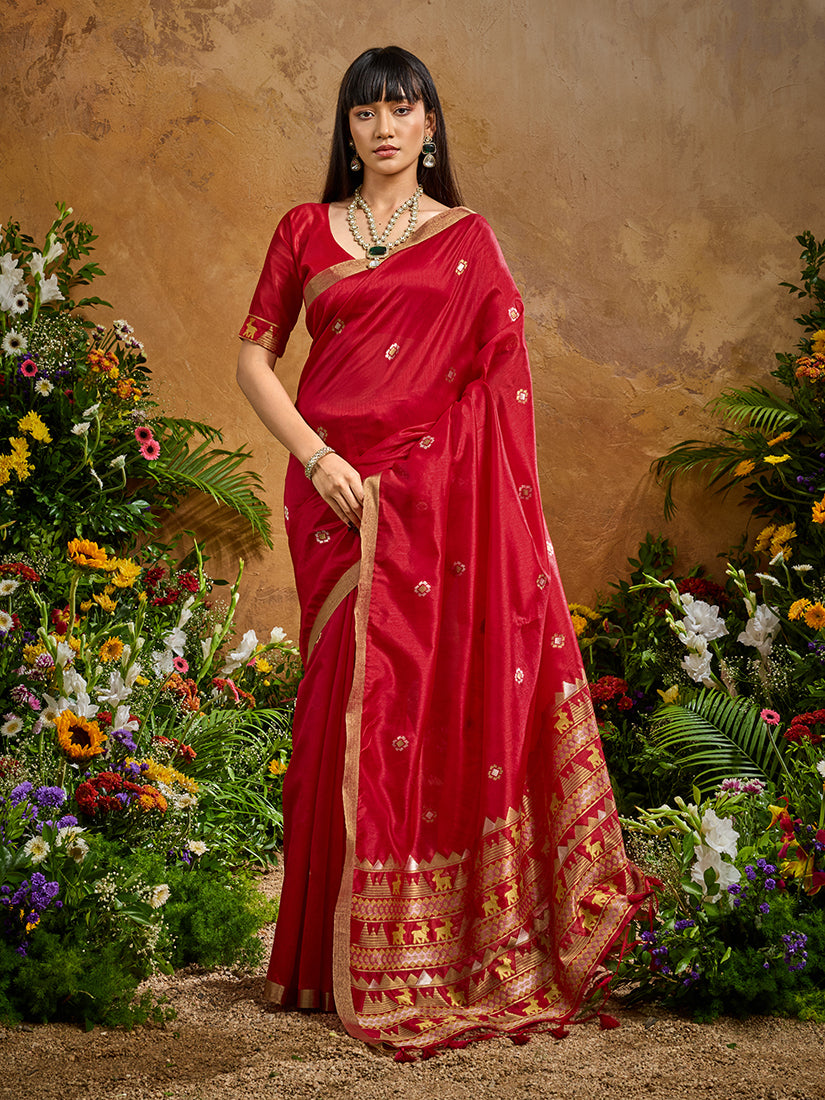 Monjolika Fashion Red Tussar Silk Blend woven Work Saree