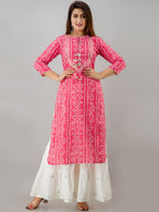 HERE&NOW Pink Tie Up Neck Bandhani Printed Gotta Patti Kurta