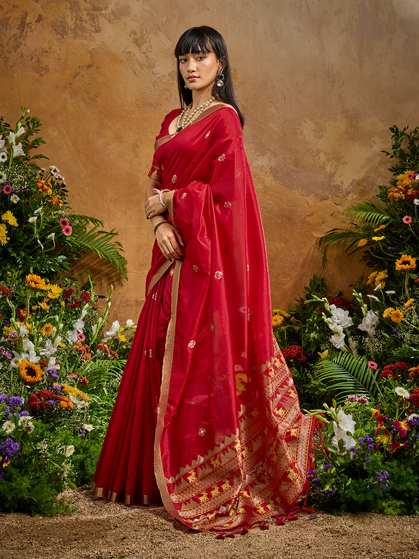 Monjolika Fashion Red Tussar Silk Blend woven Work Saree