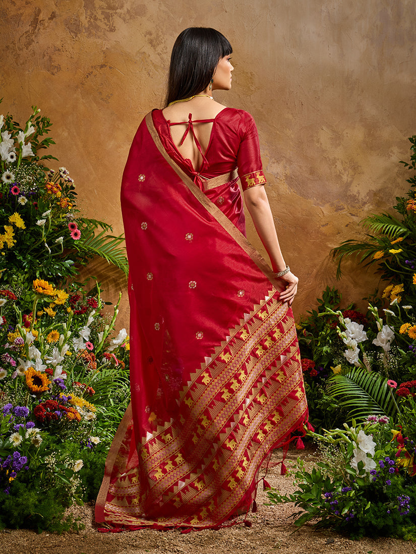 Monjolika Fashion Red Tussar Silk Blend woven Work Saree