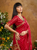 Monjolika Fashion Red Tussar Silk Blend woven Work Saree