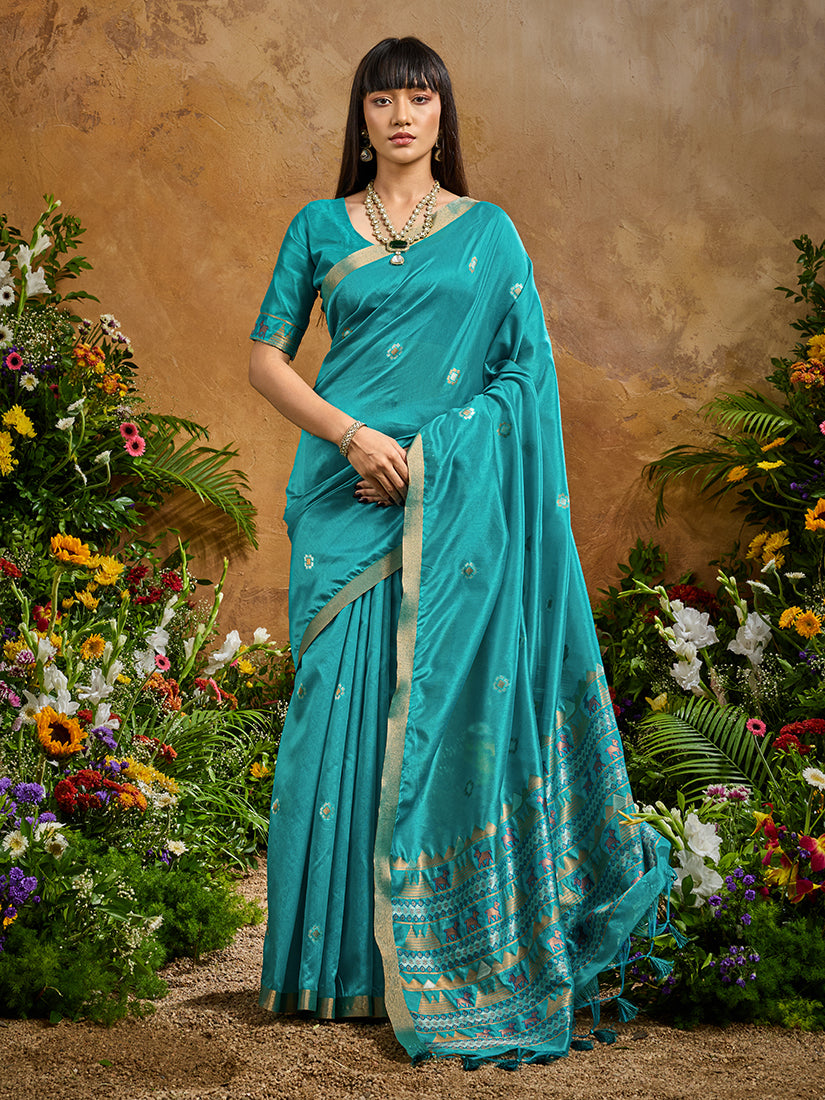 Monjolika Fashion Aqua Blue Tussar Silk Blend woven Work Saree - Distacart