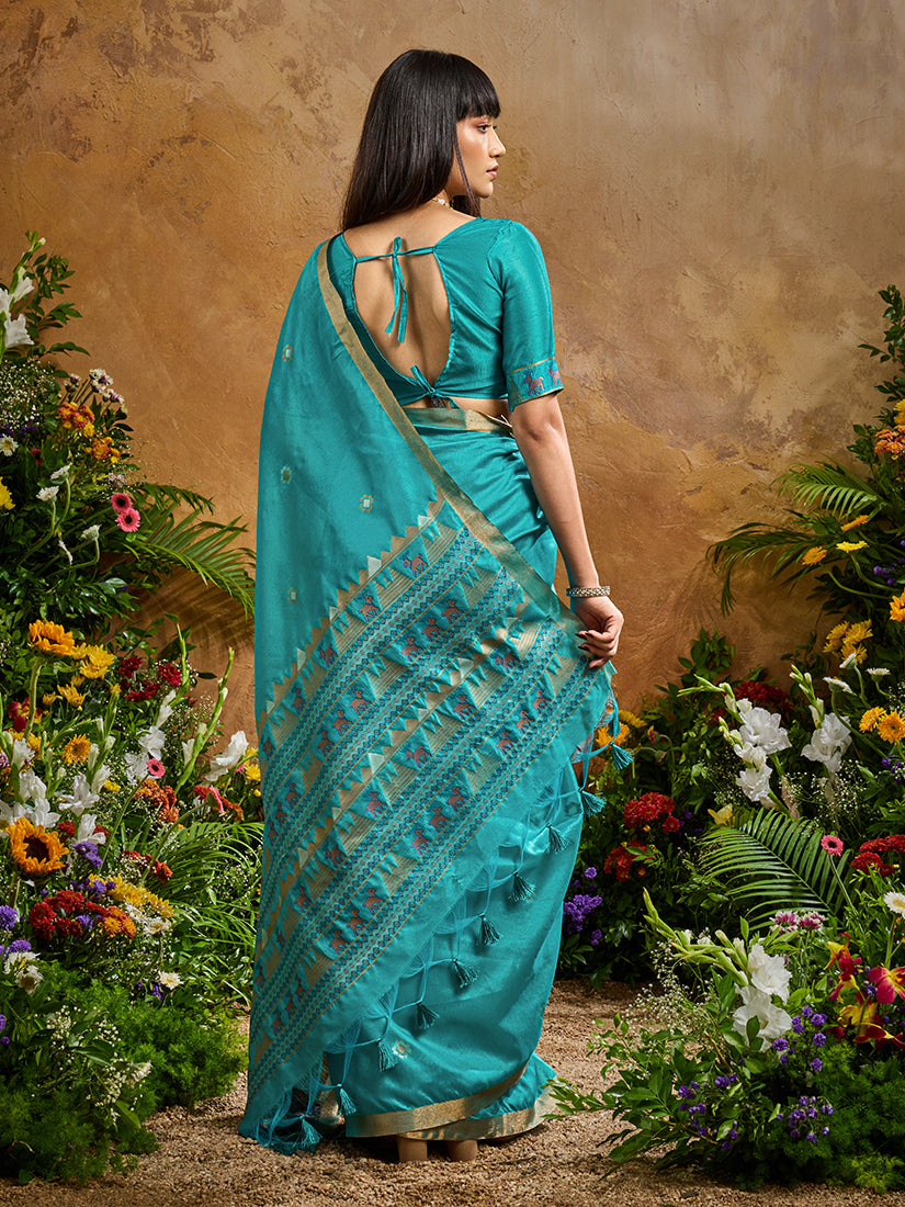Monjolika Fashion Aqua Blue Tussar Silk Blend woven Work Saree - Distacart