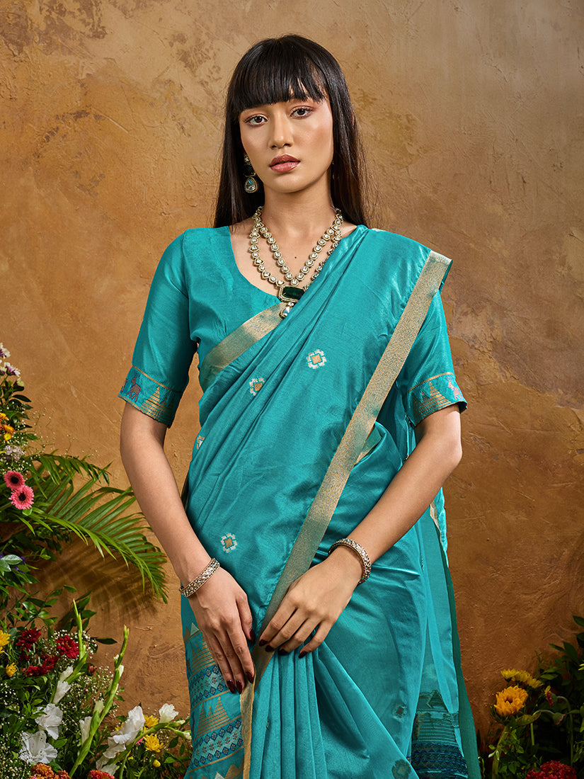 Monjolika Fashion Aqua Blue Tussar Silk Blend woven Work Saree - Distacart