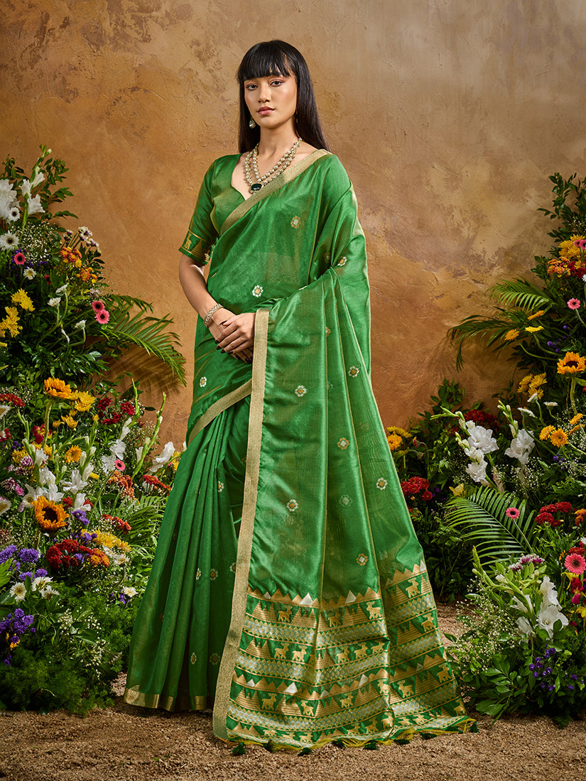 Monjolika Fashion Green Tussar Silk Blend woven Work Saree - Distacart
