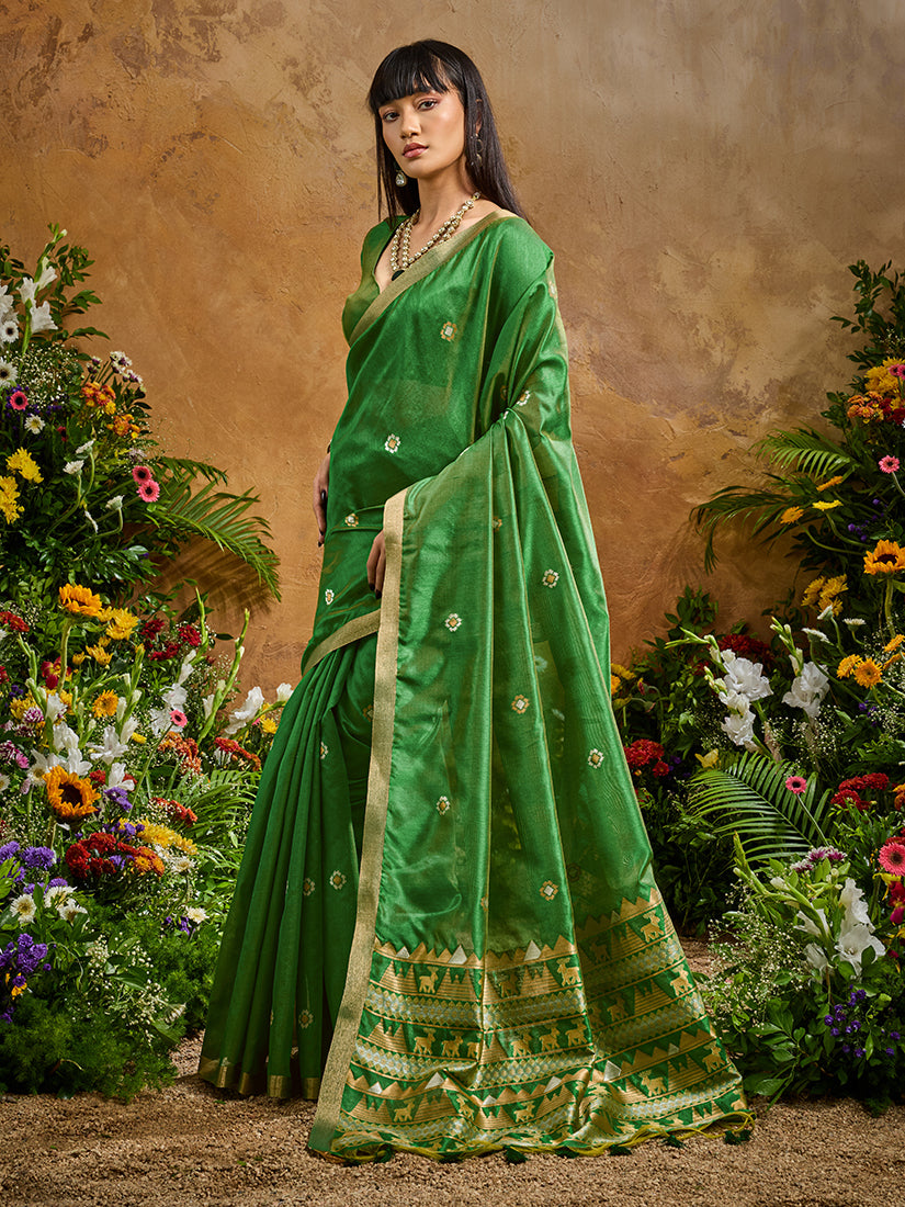 Monjolika Fashion Green Tussar Silk Blend woven Work Saree - Distacart