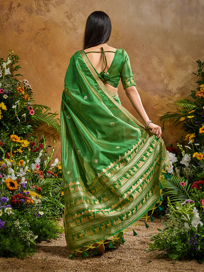 Monjolika Fashion Green Tussar Silk Blend woven Work Saree - Distacart