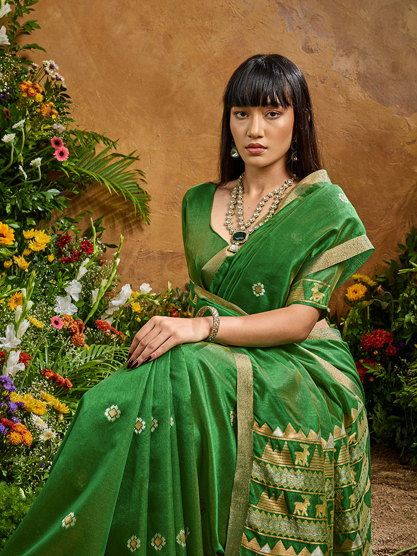 Monjolika Fashion Green Tussar Silk Blend woven Work Saree - Distacart