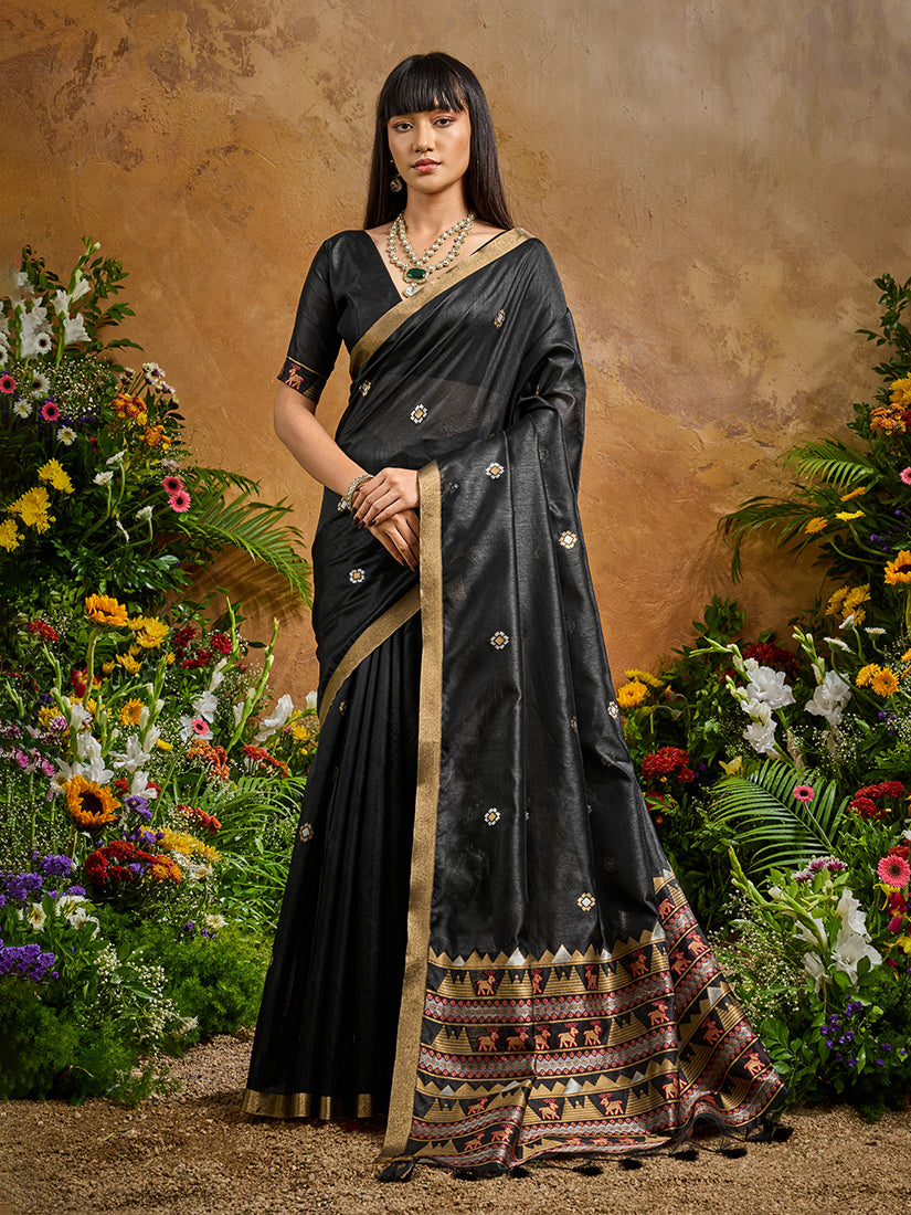 Monjolika Fashion Black Tussar Silk Blend woven Work Saree - Distacart