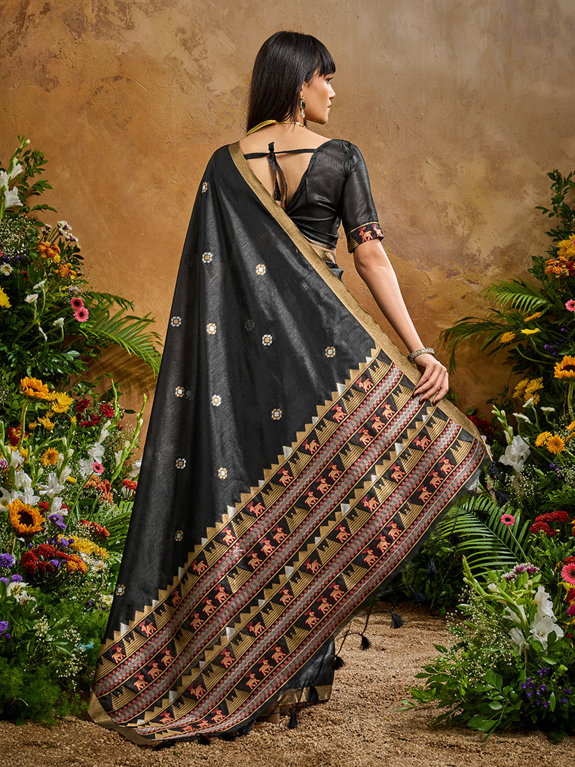 Monjolika Fashion Black Tussar Silk Blend woven Work Saree - Distacart