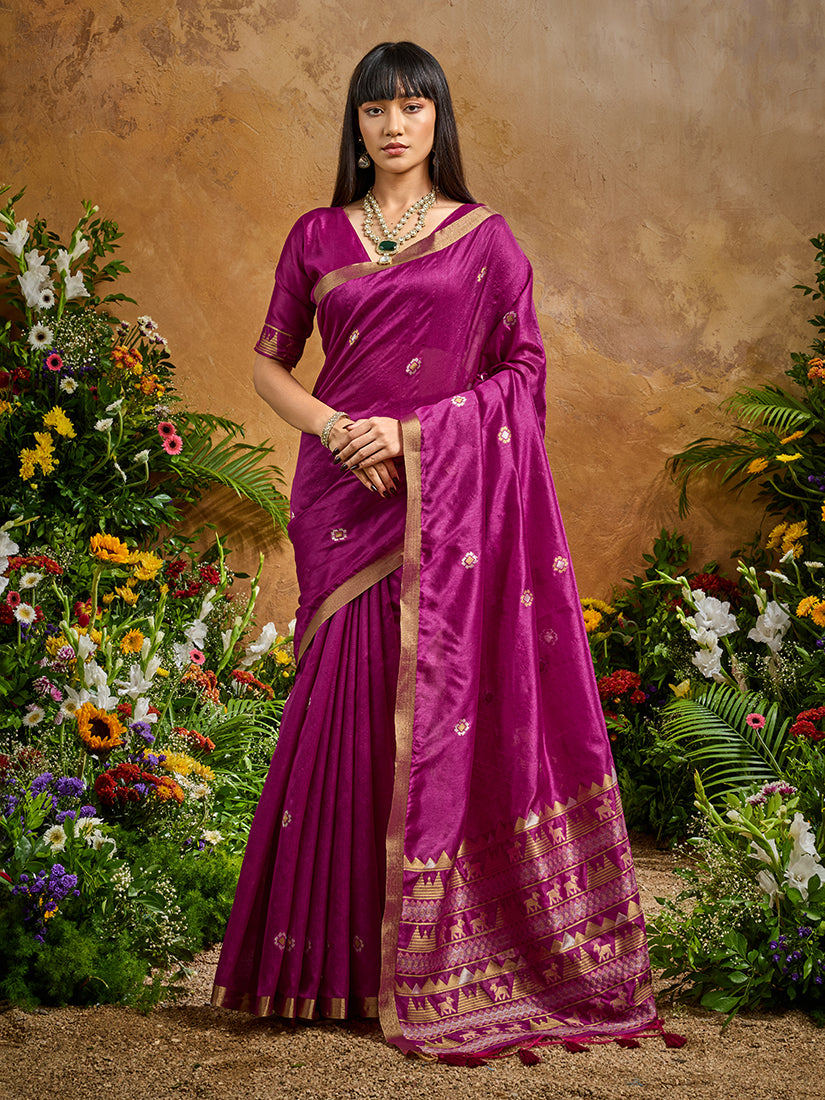Monjolika Fashion Dark Magenta Tussar Silk Blend woven Work Saree - Distacart