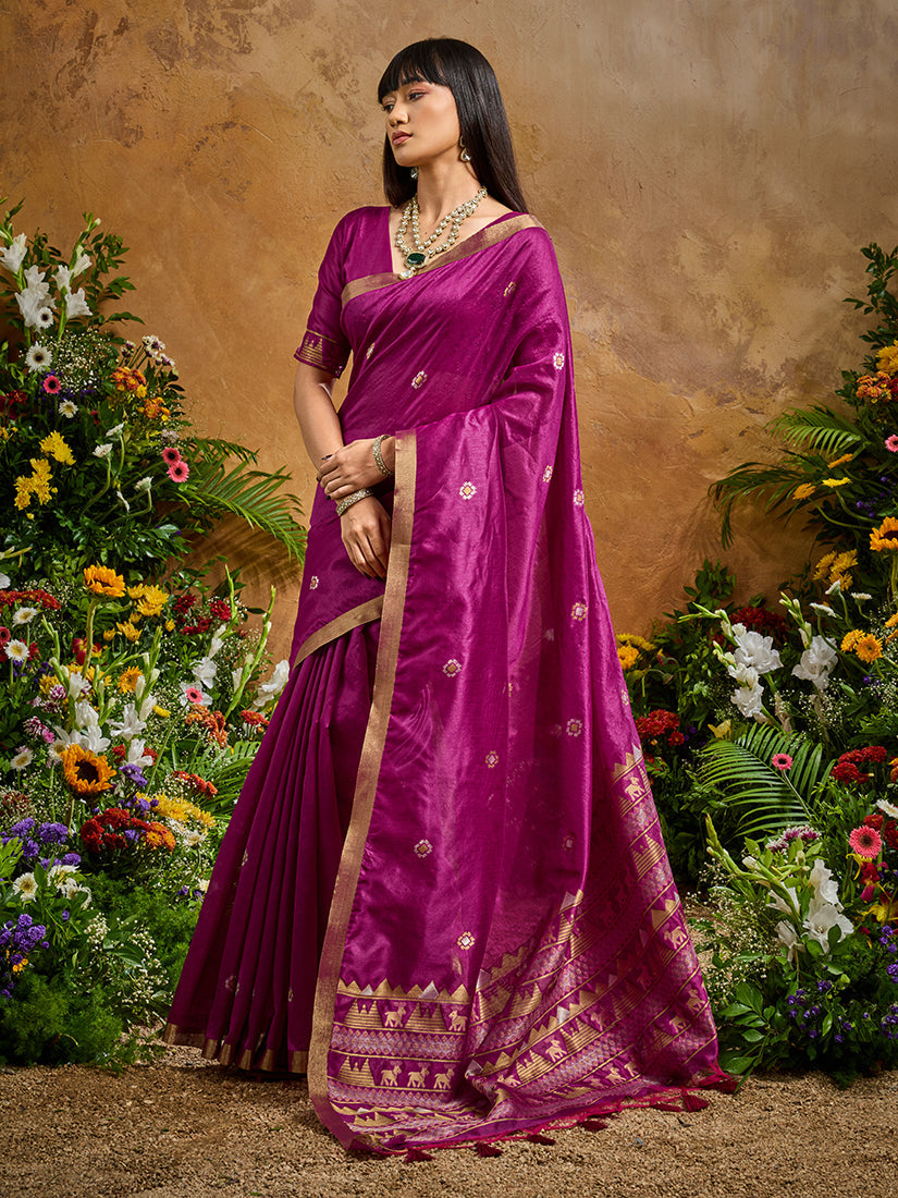 Monjolika Fashion Dark Magenta Tussar Silk Blend woven Work Saree - Distacart