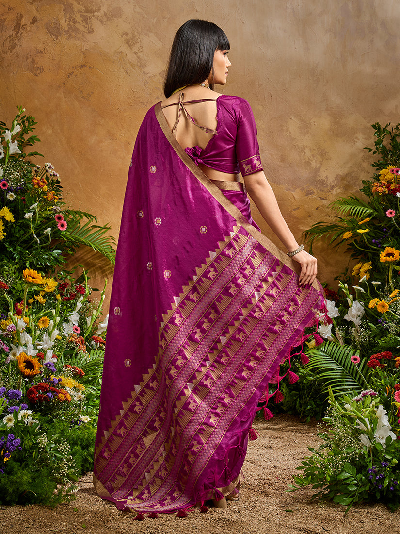 Monjolika Fashion Dark Magenta Tussar Silk Blend woven Work Saree - Distacart