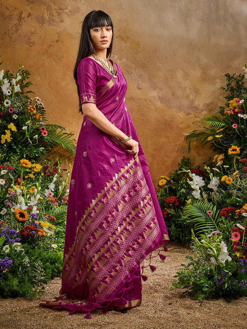 Monjolika Fashion Dark Magenta Tussar Silk Blend woven Work Saree - Distacart