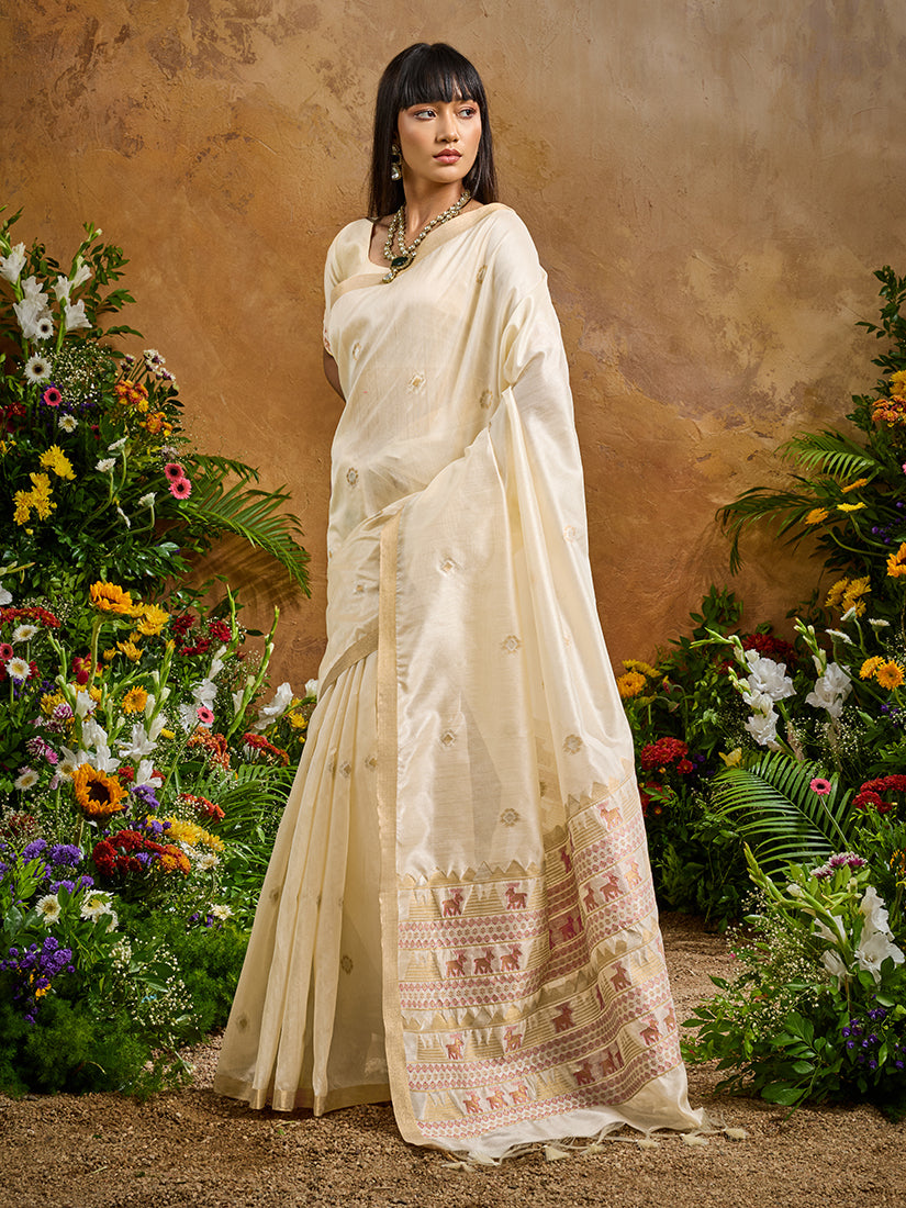 Monjolika Fashion Off White Tussar Silk Blend woven Work Saree - Distacart