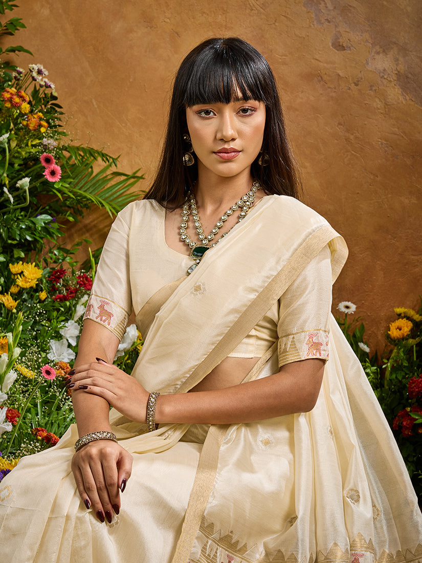 Monjolika Fashion Off White Tussar Silk Blend woven Work Saree - Distacart