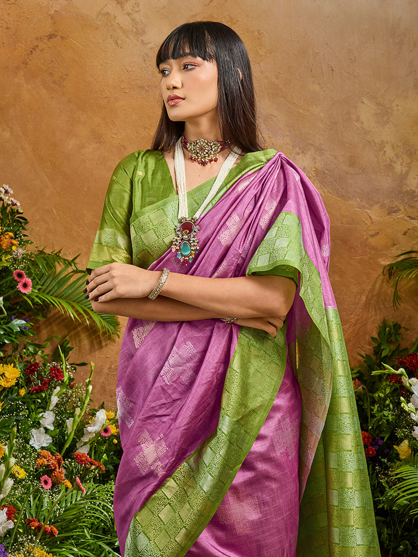 Monjolika Fashion Woven Work Silk Blend Lilac Saree - Distacart