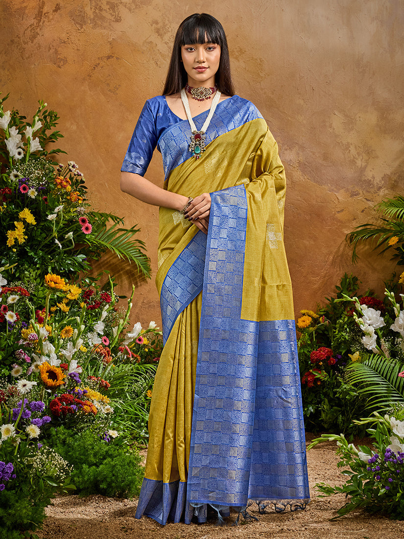 Monjolika Fashion Woven Work Silk Blend Mustard Saree - Distacart