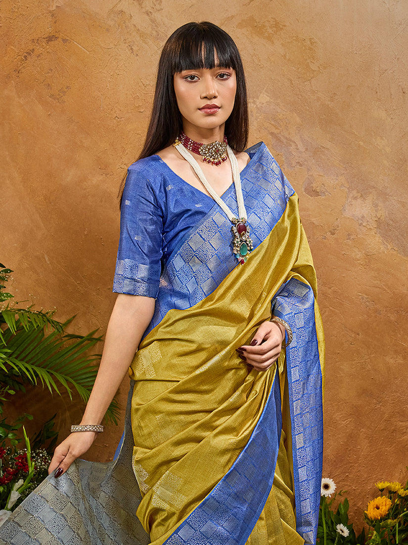 Monjolika Fashion Woven Work Silk Blend Mustard Saree - Distacart