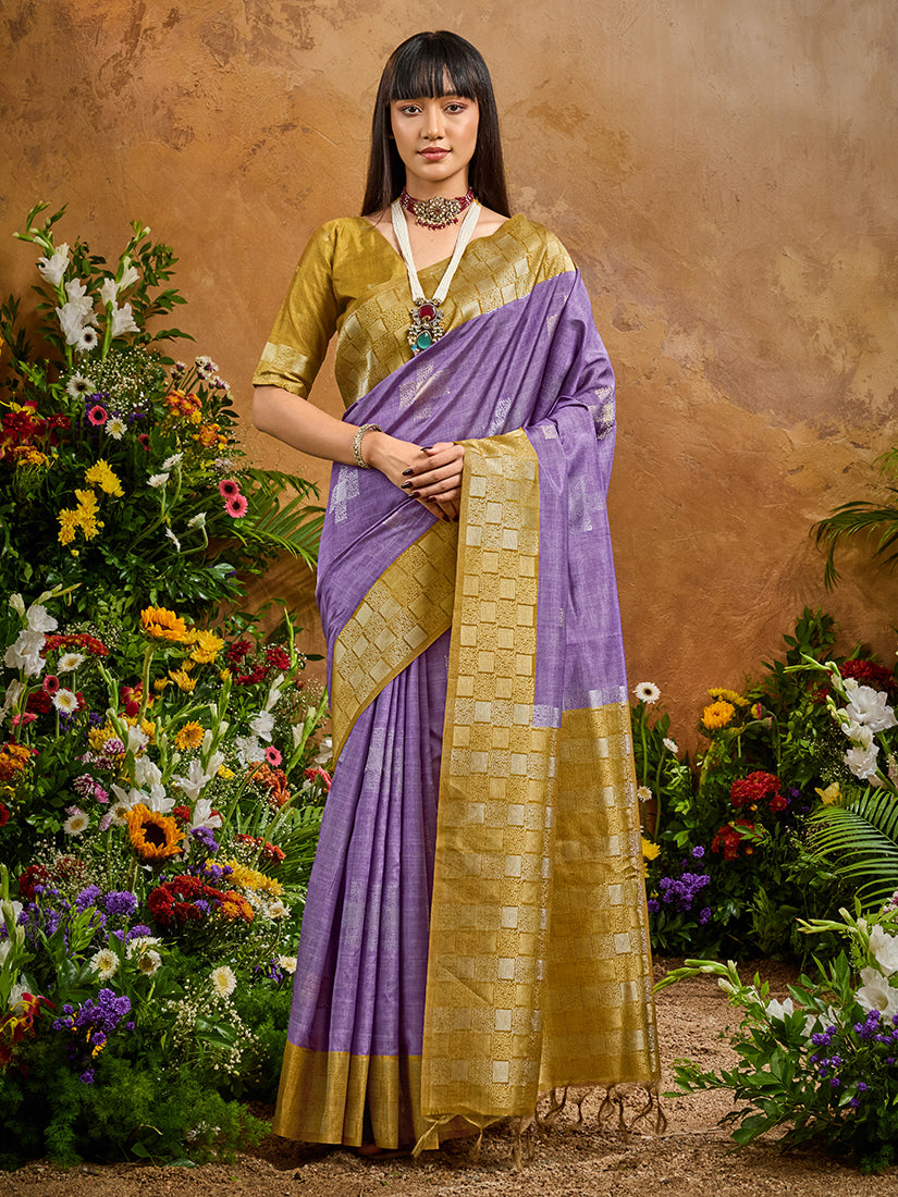 Monjolika Fashion Woven Work Silk Blend Lavender Saree - Distacart