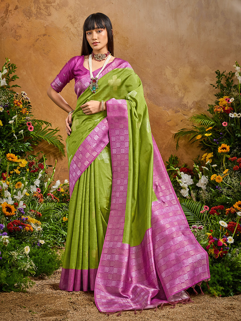 Monjolika Fashion Woven Work Silk Blend Green Saree - Distacart