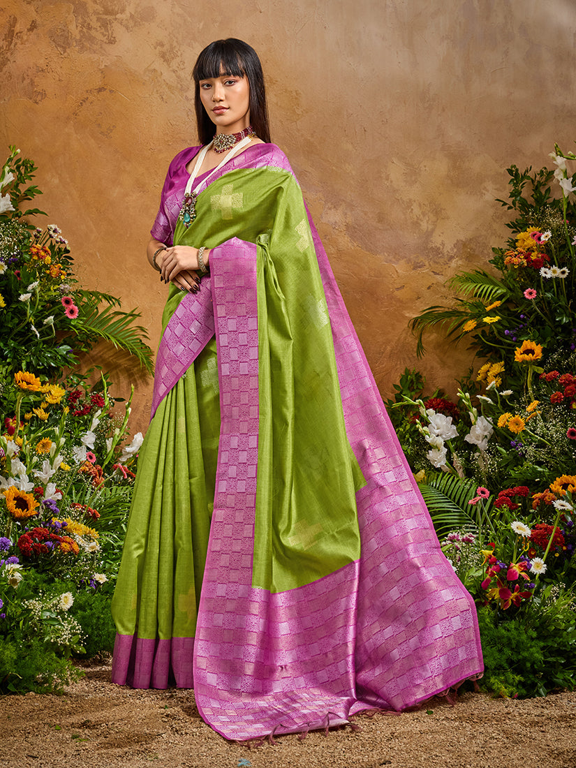 Monjolika Fashion Woven Work Silk Blend Green Saree - Distacart