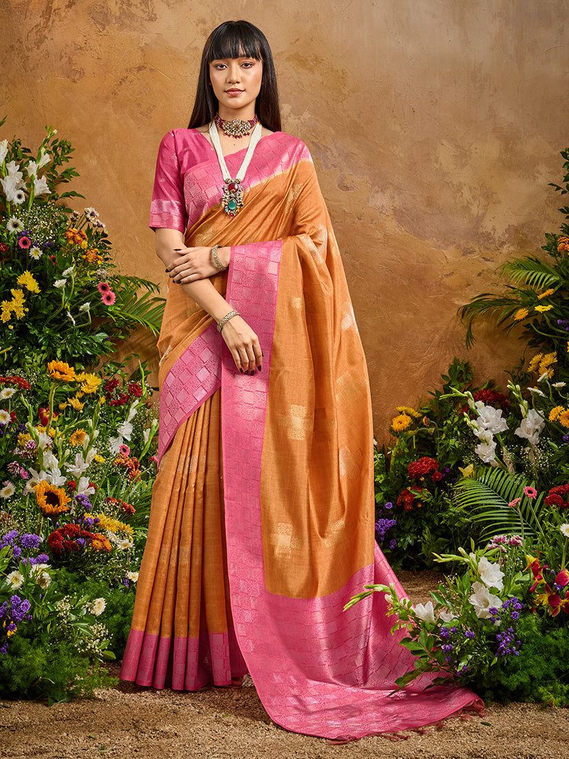 Monjolika Fashion Woven Work Silk Blend Rust Saree - Distacart