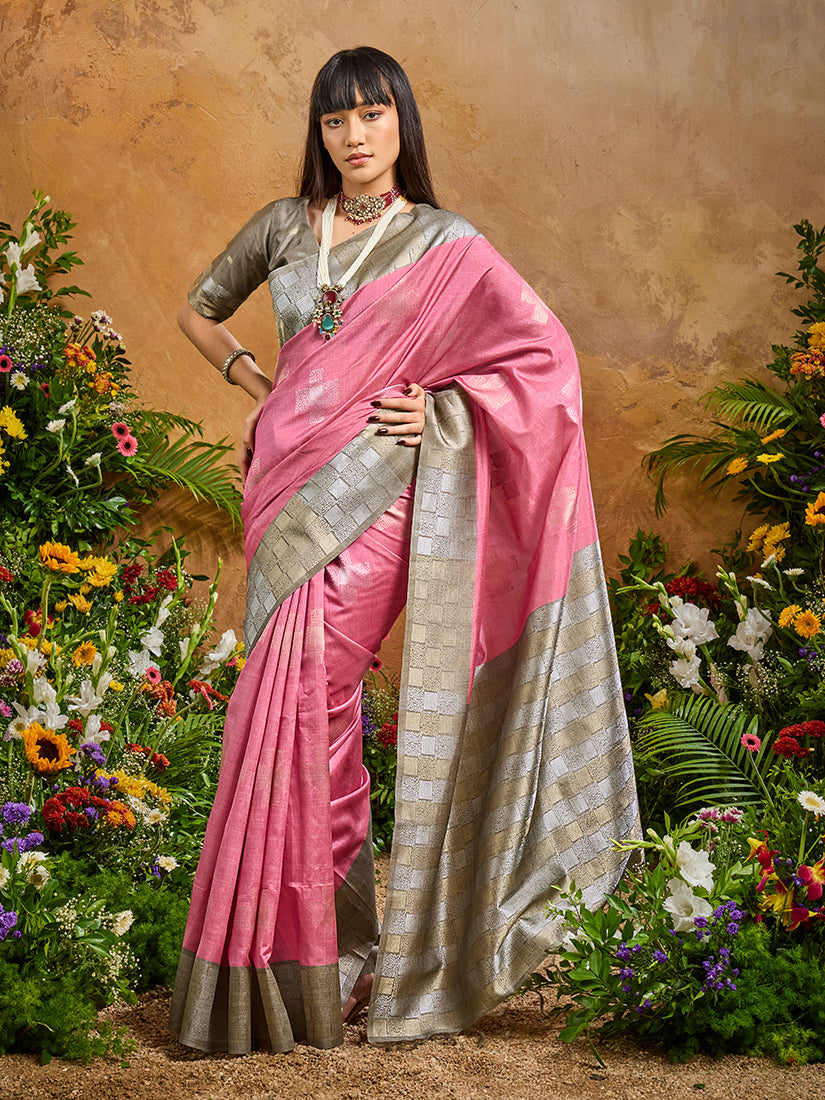 Monjolika Fashion Woven Work Silk Blend Pink Saree - Distacart