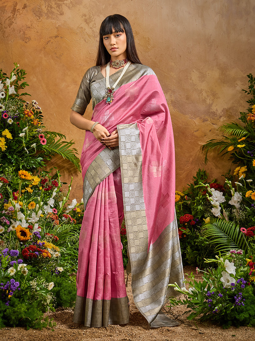Monjolika Fashion Woven Work Silk Blend Pink Saree - Distacart