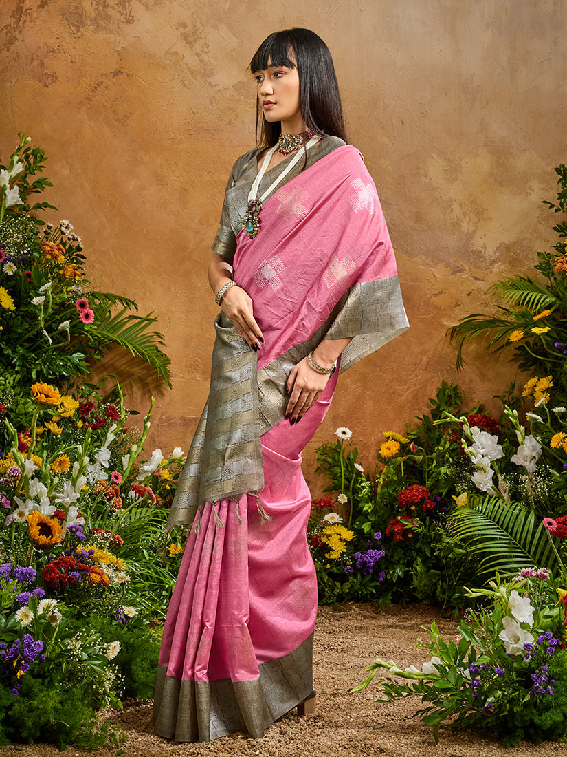 Monjolika Fashion Woven Work Silk Blend Pink Saree - Distacart