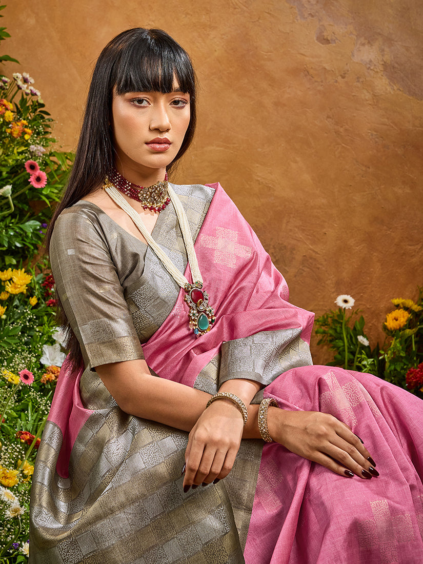 Monjolika Fashion Woven Work Silk Blend Pink Saree - Distacart