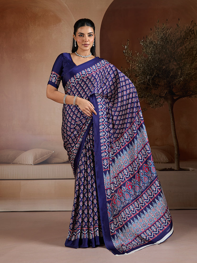 Monjolika Fashion Navy Blue Printed Satin Saree - Distacart