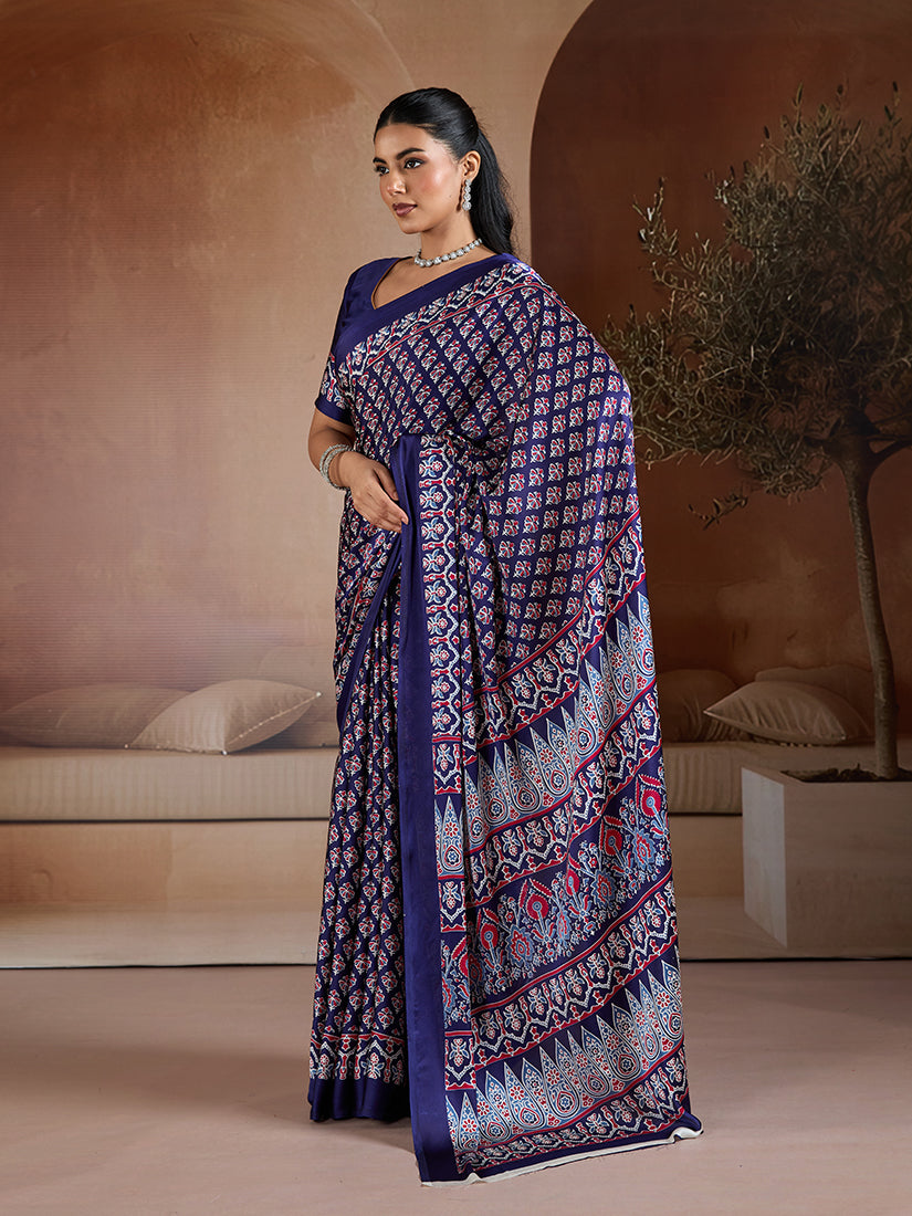 Monjolika Fashion Navy Blue Printed Satin Saree - Distacart