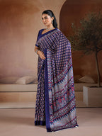 Monjolika Fashion Navy Blue Printed Satin Saree - Distacart