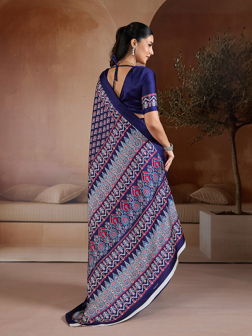 Monjolika Fashion Navy Blue Printed Satin Saree - Distacart